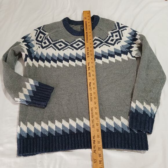 GAP Men's XL Fairisle Crew Heather Grey Acrylic/Wool Grey/Blue/White Sweater - Picture 6 of 10